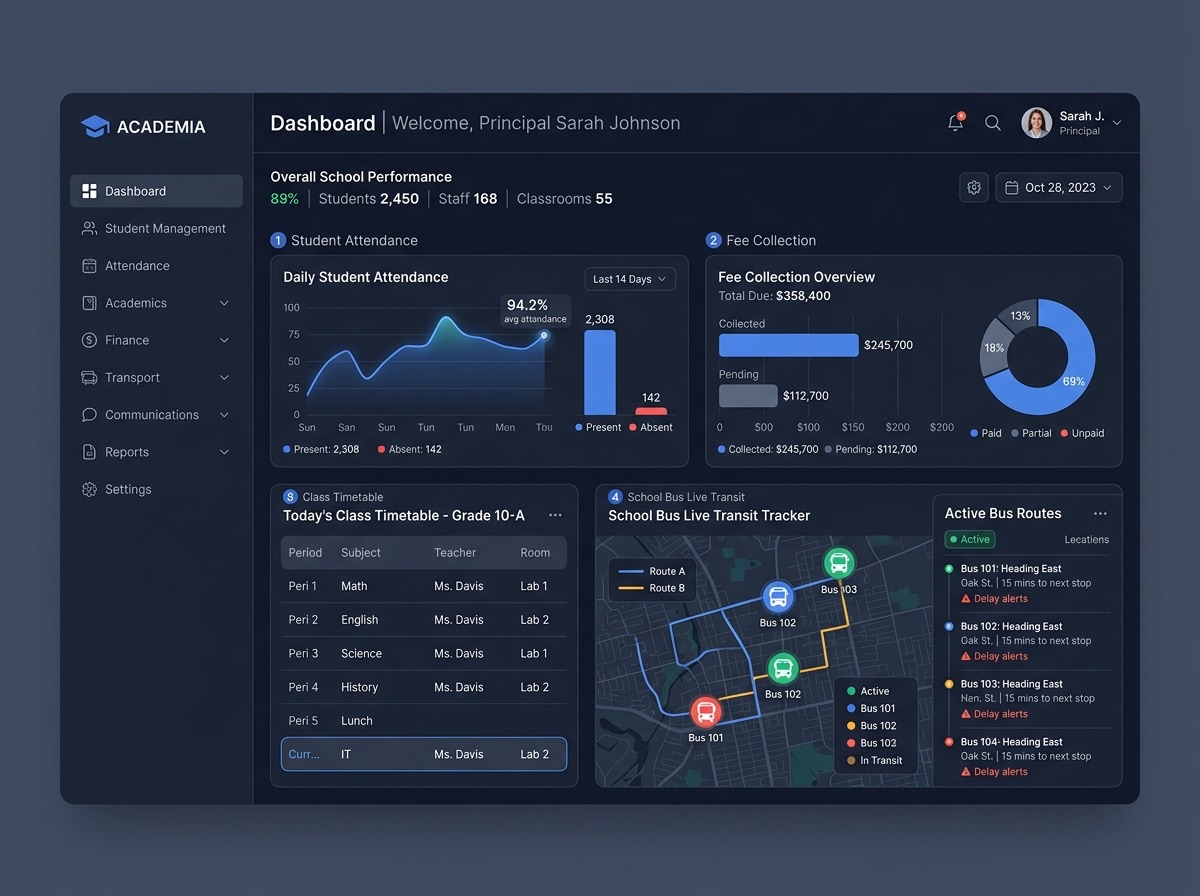 Prodaaps Smart School Management ERP Dashboard