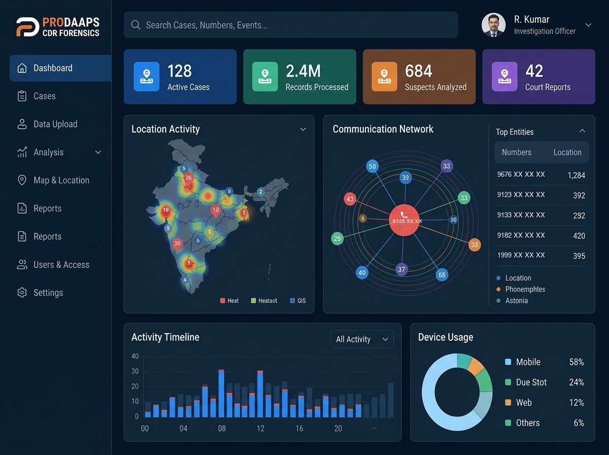 Prodaaps Telecom CDR Forensics Dashboard Screen